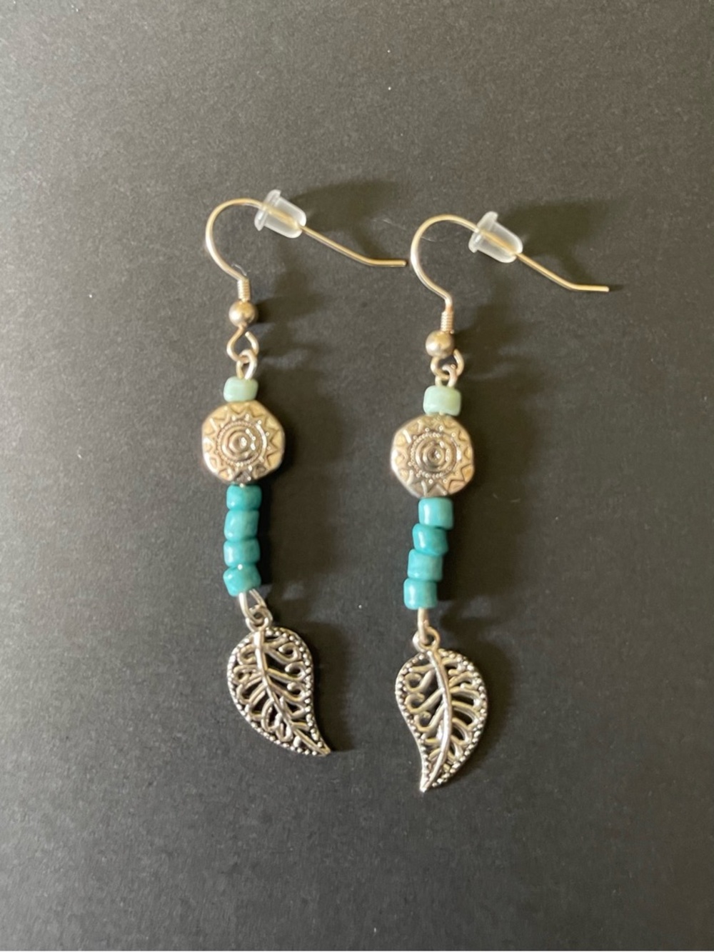 Handmade Silver Leaf Drop Earrings with Turquoise Beads